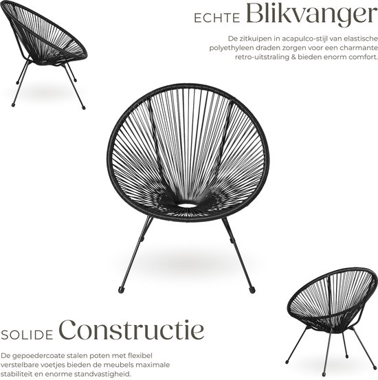 tectake - Tuinmeubel-bistroset - 2 stoelen en 1 tafel - Retro Egg Chairs in Acapulco-stijl - Weerbestendig binnen- en buitengebruik - Zwart van Tectake — afbeelding 4
