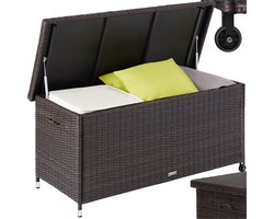 tectake® Wicker opbergbox - Outdoor kussenbox - Uitneembare binnenzak en cijferslot - Weerbestendig en afsluitbaar met deksel - Verrijdbaar - Inclusief 2 handgrepen, 2 wielen en gasveren - Inhoud 270 l - Afmeting (LxBxH) 121 x 56 x 60 cm - Bruin