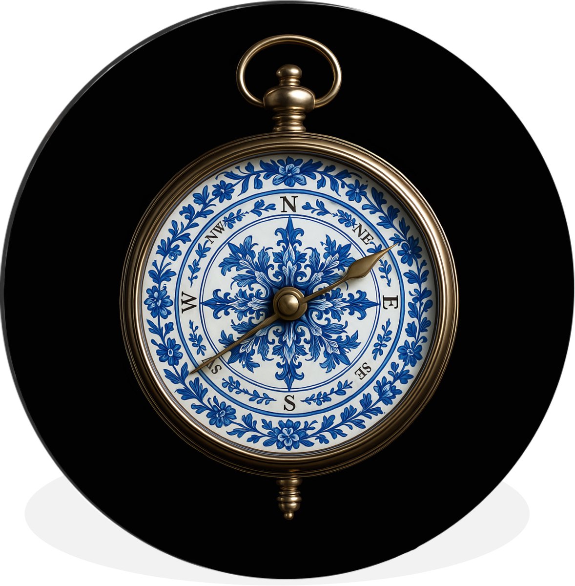 WallCircle Wandcirkel - Muurcirkel - Kompas - Delfts blauw - Zwart - Aluminium - Dibond - 90x90 cm - Binnen en Buiten