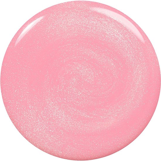 Een cirkelvormige swatch van glinsterende lichtroze Essie nagellak.