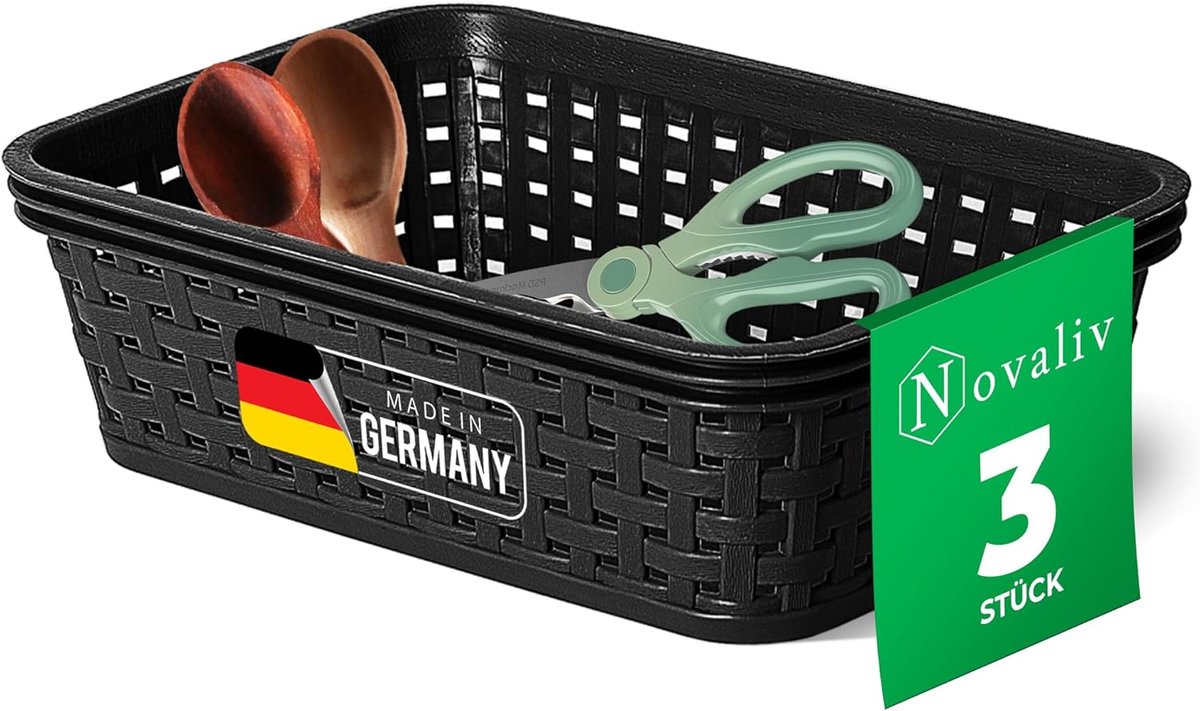 Novaliv Set van 3 voedselveilige manden Keukenopslag 1L Zwarte kunststof rotanlook Keukenopslag & Organisatie BPA-vrije voedselopslagdoos voor theezakjes Snacks Specerijen