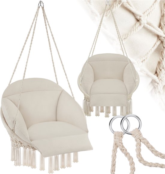 tectake® Hangstoel - Hangende schommel met dikke kussens en kwastjes - Boho hangmand - Hangstoel met frame voor tuin, balkon en woonkamer - Nestschommel voor binnen en buiten - Tuinstoel - Ø 80 cm - Maximale belasting 150 kg - Beige