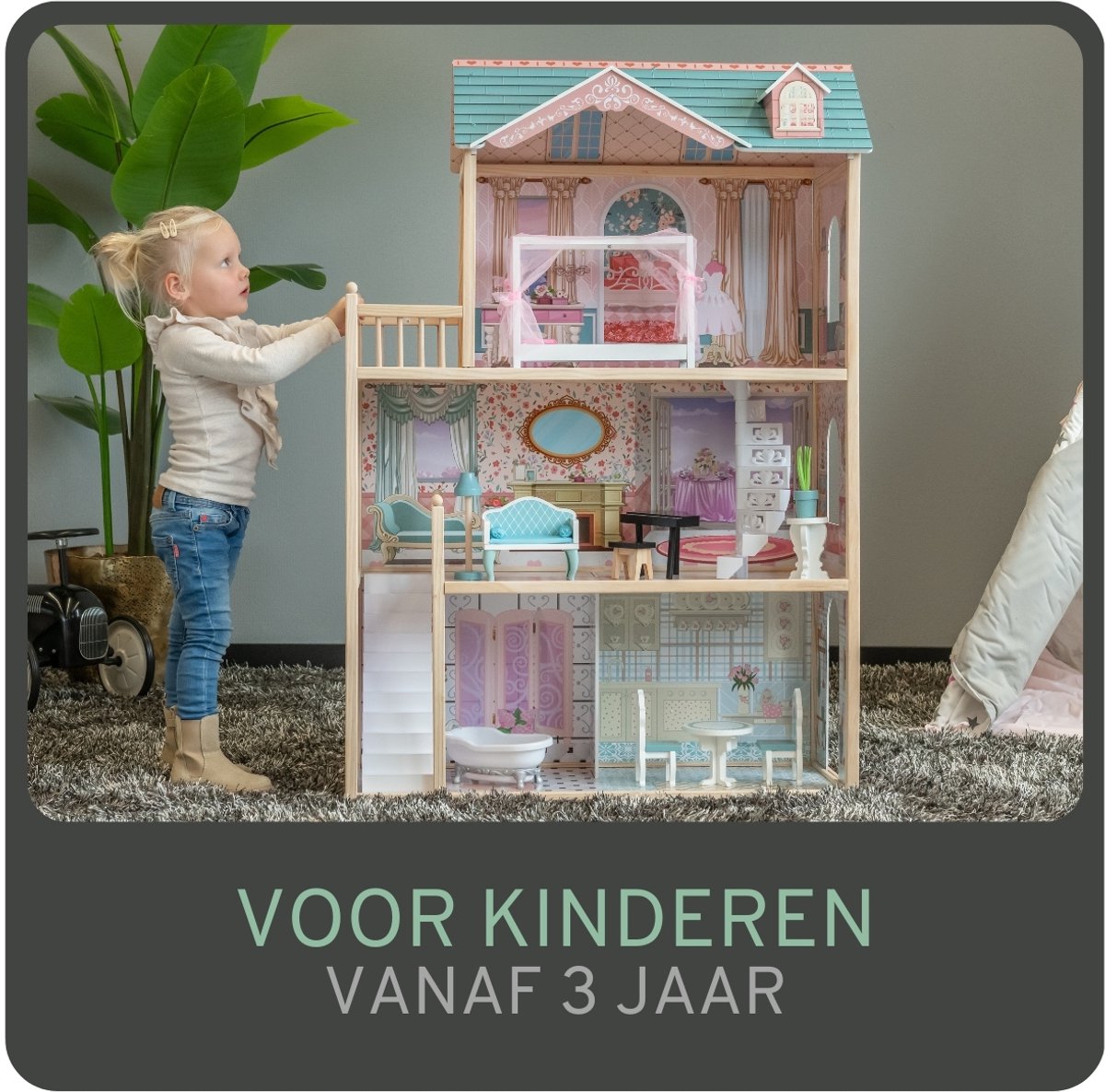 Bandits & Angels Houten Poppenhuis Sweet Country House vanaf 3 jaar 124 cm hoog Roze/Blauw - Inclusief 11 Meubeltjes - Geschikt voor grotere poppen - Poppen Huis - Poppen Meubels — afbeelding 6