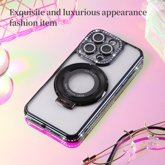 Coque compatible avec iPhone 15 Magsafe Zwart - Anneau de protection d'objectif Coque arrière de luxe Bling Sparkly Diamond