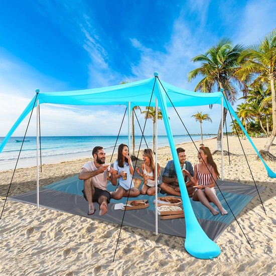 riggoo Strandtent, uv-bescherming, zonnetent, zonnezeil, strandtent, 3 × 3 m, comfort, buitenschaduw voor campinguitstapjes, vissen, plezier in de tuin of picknicks (blauw