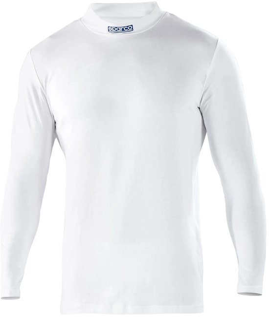 T-shirt Sparco blanc à col montant et logo bleu.