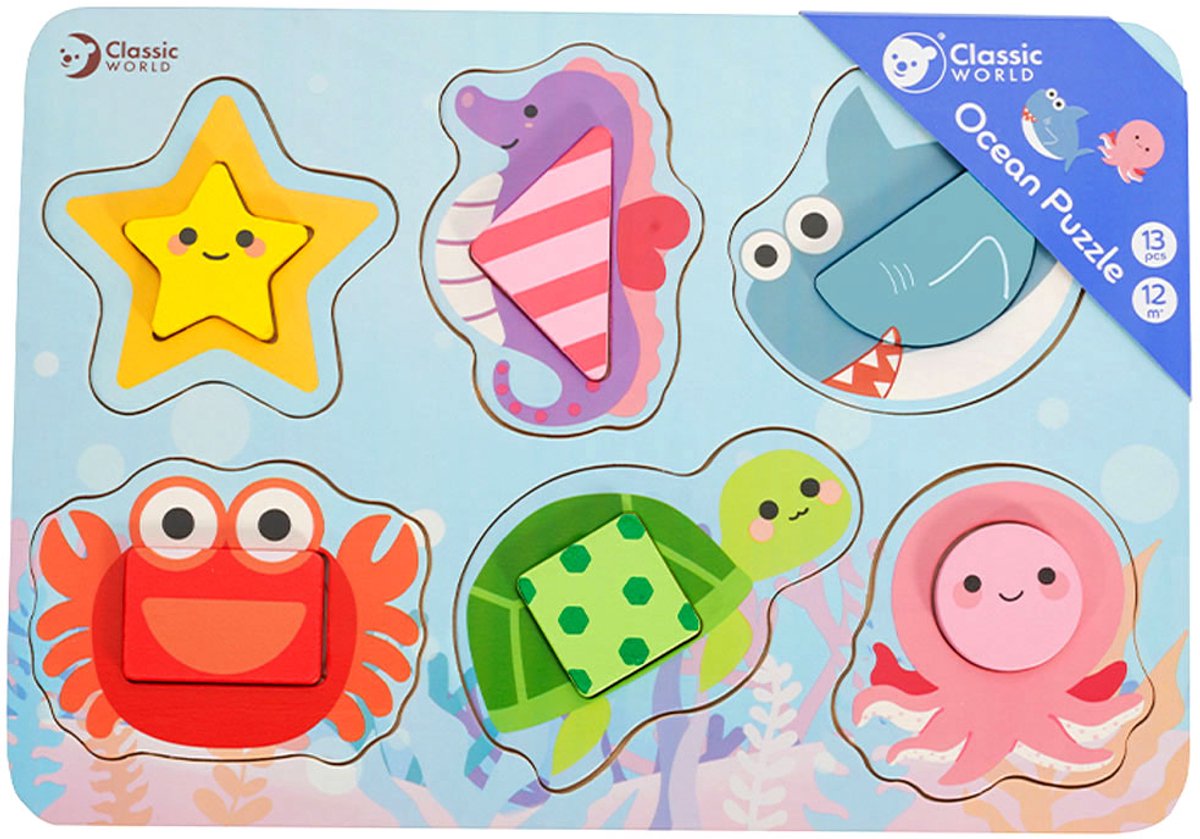 CLASSIC WORLD Puzzelblokken Puzzel voor kinderen Zeedieren Match Leren Kleurvormen 6 el.