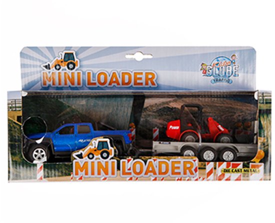 Een blauwe pick-uptruck met een rode minishovel op een grijze aanhanger in de verpakking.