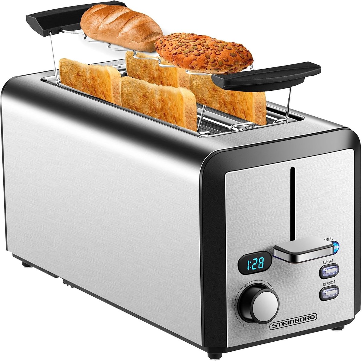 Lange Sleuf Broodrooster voor 4 Sneetjes - 1500 Watt XXL met Bruiningsregelaar en Led-Display