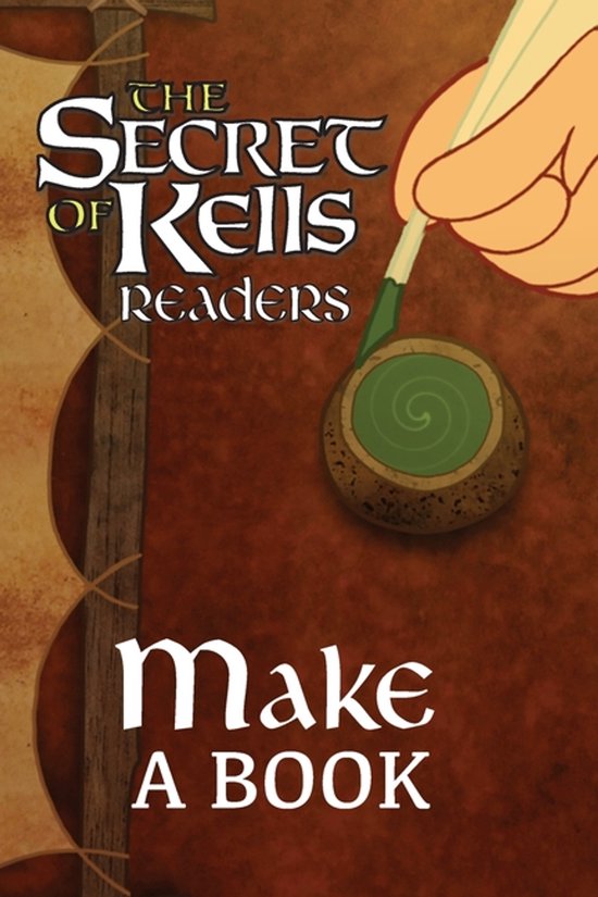 Couverture de 'The Secret of Kells Readers - Make a Book' avec une main dessinant, une plume et une pierre avec de l'encre verte.