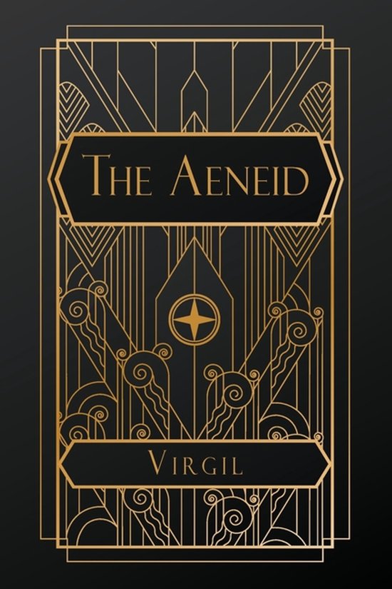 Dessin art déco doré sur un livre noir intitulé 'The Aeneid' par Virgil.