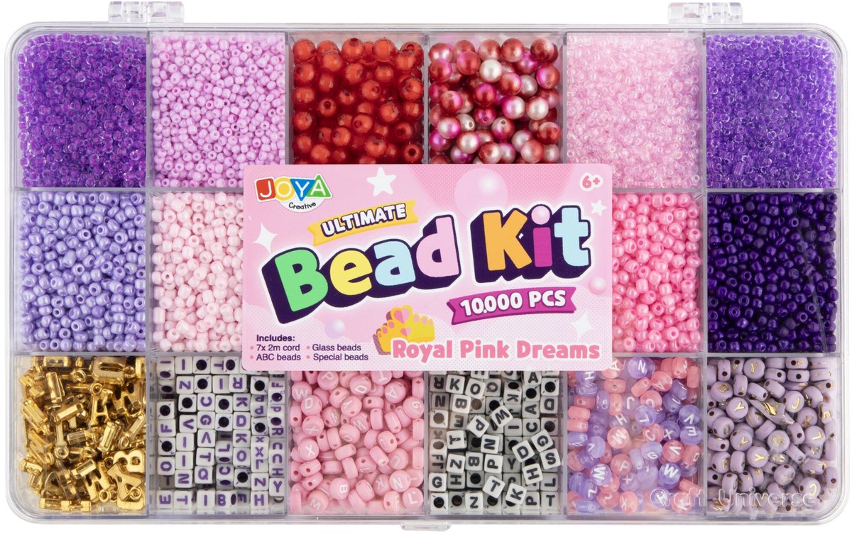 Luxe Armbandjes maken Meisjes Kralenset 10.000pcs - Royal Pink Dreams - ABC Beads, Glass Beads en Elastiek - Opbergdoos 27x16x4cm - Joya Creative — afbeelding 3
