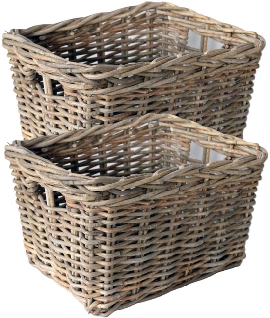 Panier de rangement Van der Leeden - 2x - marron - 44 x 33 x 25 cm - rotin - roseau tressé - panier - rangement