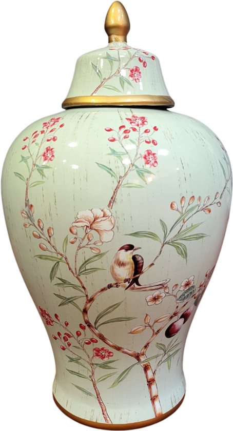 Grote mintgroene porseleinen gemberpot met gouden deksel, voorzien van een vogel- en bloesemmotief.