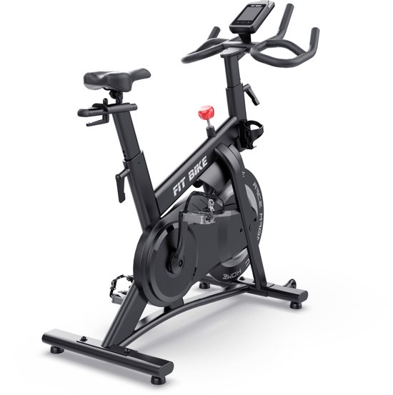 Zwarte FitBike spinfiets met trainingscomputer en magnetisch weerstandsysteem, op een witte achtergrond.