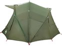 Achterkant van een olijfgroene tent op wit, met rode accenten en een logo.