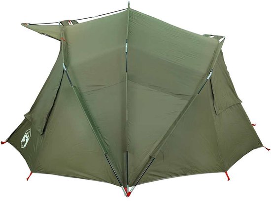 Achterkant van een olijfgroene tent op wit, met rode accenten en een logo.