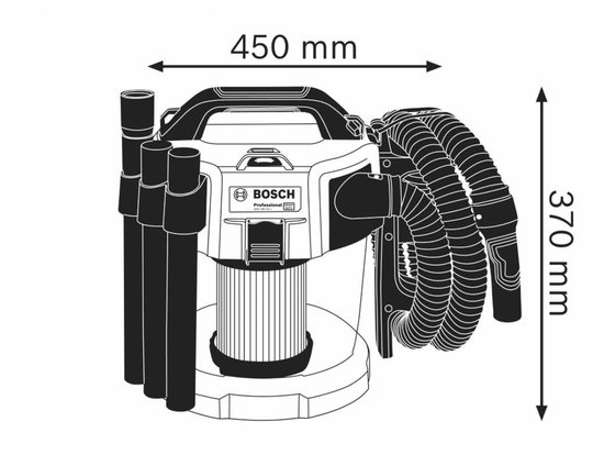 Technische tekening van Bosch Professional bouwstofzuiger, blauw en grijs, met afmetingen 450 mm breed en 370 mm hoog.