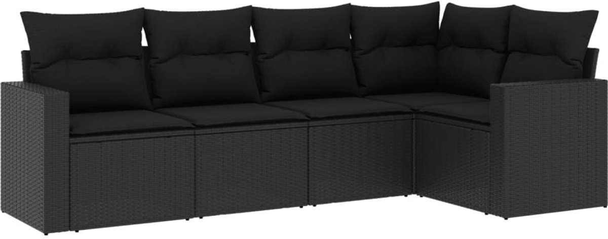 The Living Store 5-delige Loungeset met kussens poly rattan zwart - Tuin Lounge Set - Loungebank - Buitendecoratie - Buitenkamer - Tuinset