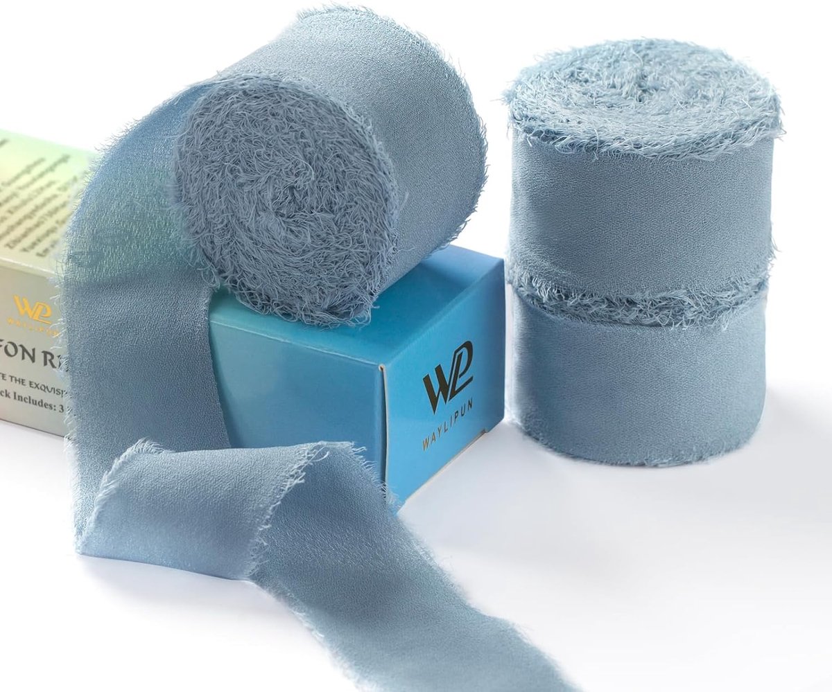Handgemaakt chiffon lint met franjes set van 3 rollen - 3 x 10 m stoffig blauw voor geschenkverpakking en decoraties