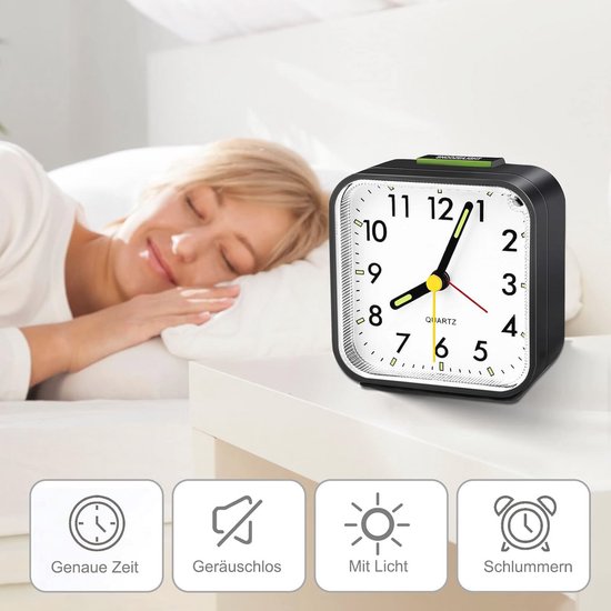 Stille Analoge Kwartswekker met Snooze en Nachtlampje - Draagbare Wekker voor Slaapkamer en Reizen — afbeelding 3