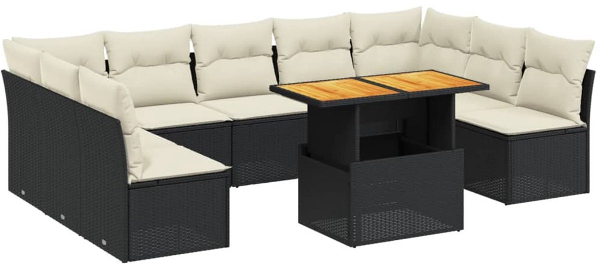 The Living Store 10-delige Loungeset met kussens poly rattan zwart - Loungeset - Lounge Set - Tuinset - Buitendecoratie - Tuinstoel