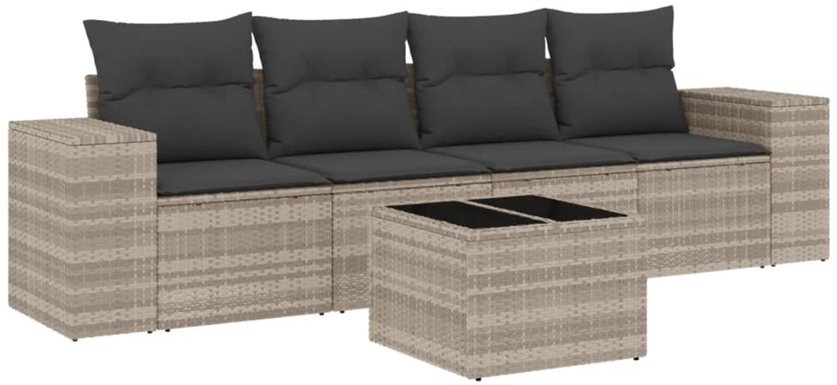 The Living Store 5-delige Loungeset met kussens poly rattan lichtgrijs - Loungebank - Lounge Set - Buitendiner - Tuinbank - Tuinlounge