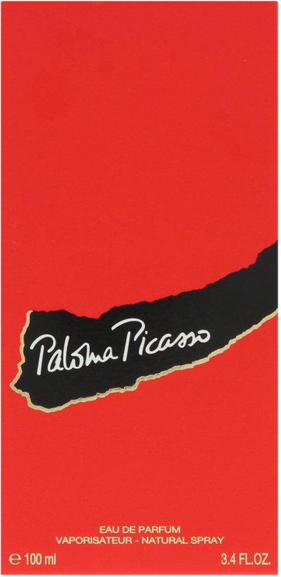 Rode verpakking voor parfum met golvend zwart en gouden tekst 'Paloma Picasso', en tekst onderaan.