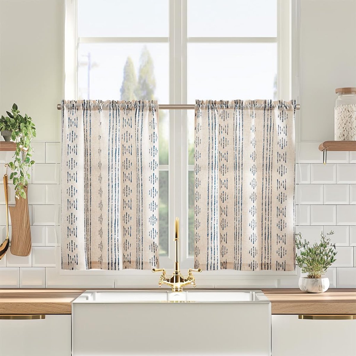 Unyqoos® Stijlvolle Linnenlook Vitrage Bistrogordijnen voor Keuken en Eetkamer in Boerderij Stijl, Set van 2, Blauw op Beige, 65 x 90 cm