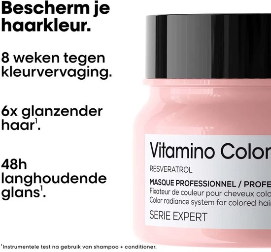 Een roze fles met zwarte dop, met het label 'Vitamino Color'.