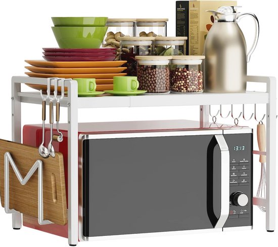 Willonin Magnetronrek, ovenrek, uittrekbaar magnetronrek met hangende haken, magnetronstandaard met opslag voor aanrecht, organizer, koolstofstaal (wit