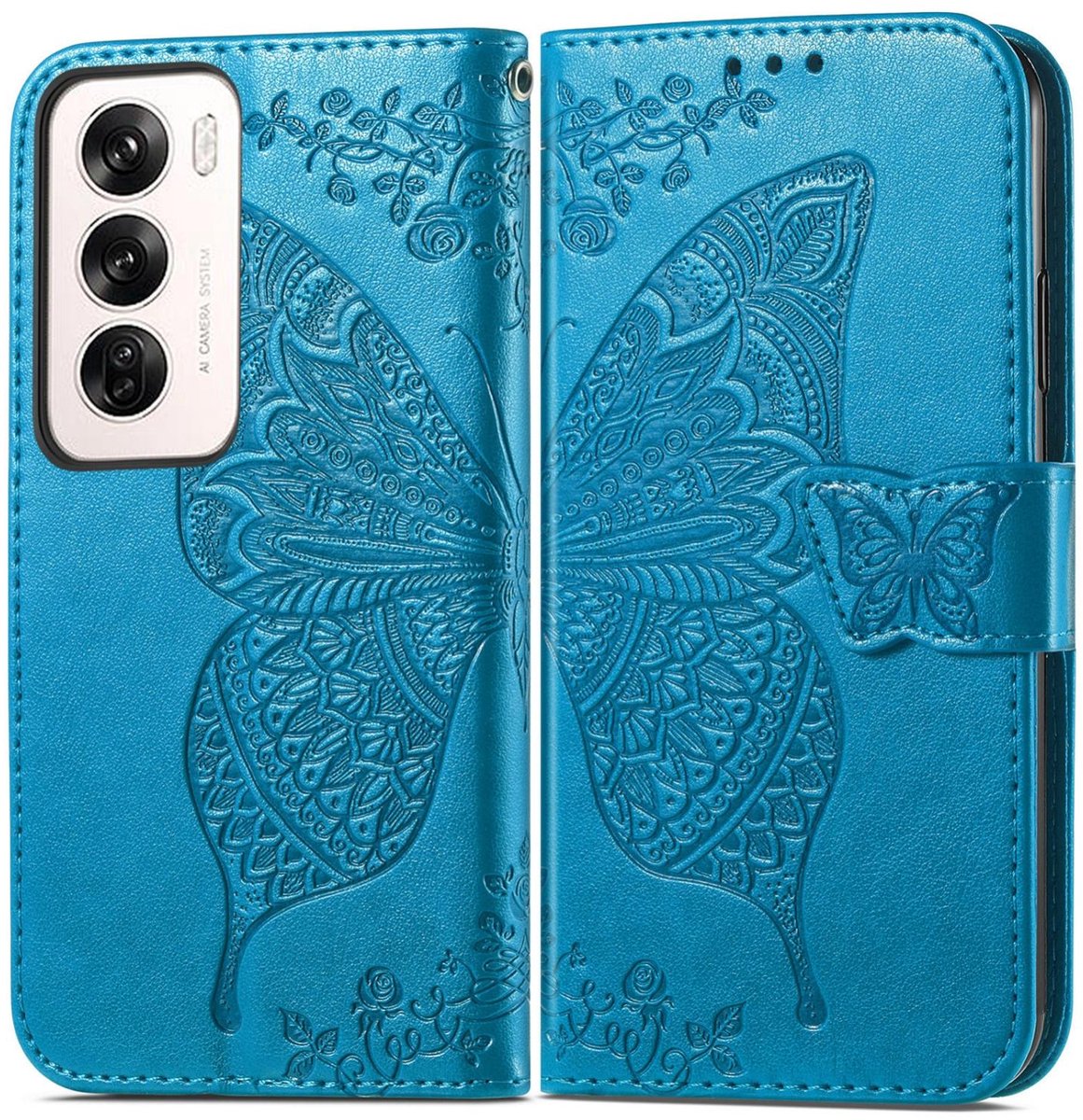 Mobigear Telefoonhoesje geschikt voor OPPO Reno 12 Pro Hoesje | Mobigear Butterfly Bookcase Portemonnee | Pasjeshouder voor 3 Pasjes | Telefoonhoesje voor Pinpas / OV Kaart / Rijbewijs - Blauw