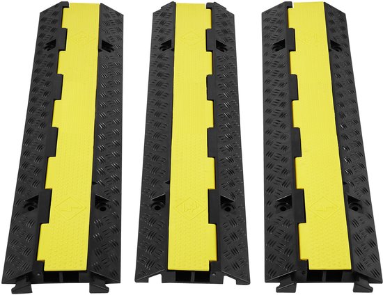 Rampe de protection de câble en caoutchouc, lot de 3, 2 canaux, capacité de charge de 5 443 kg, gaine de câble Heavy Duty , rampe avec couvercle supérieur à charnière et ruban d'avertissement de 15 m