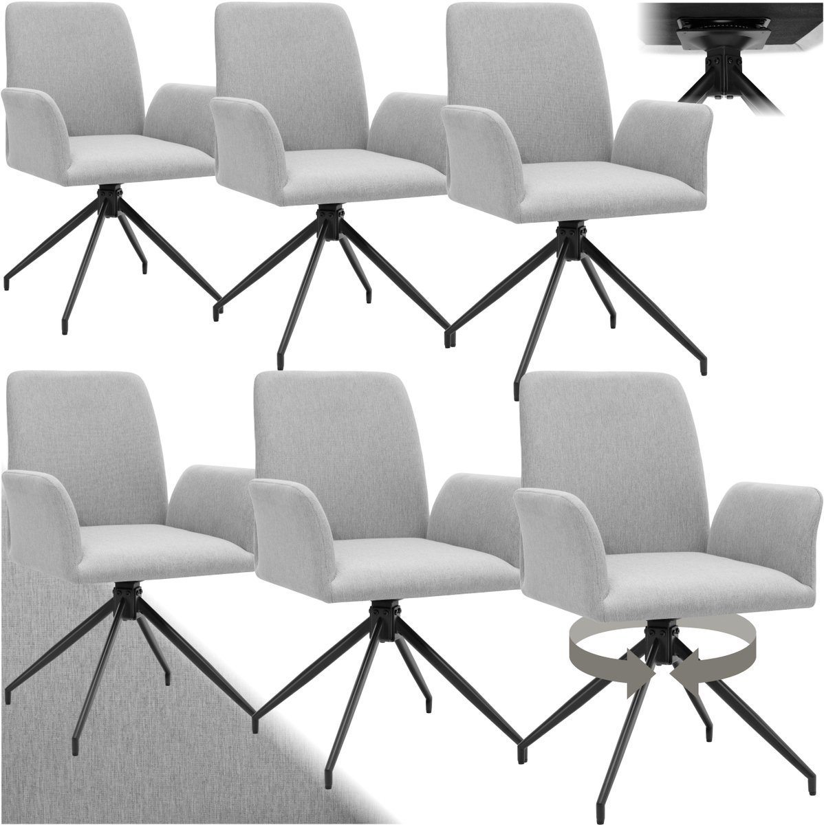Tectake Draaistoel Daya - Set van 6 Draaifauteuils met Armleuning - 360° Draaibare Eetkamerstoel - Draaibare Fauteuils - Gestoffeerd - Draagkracht 150kg - Lightgrijs Lichtgrijs
