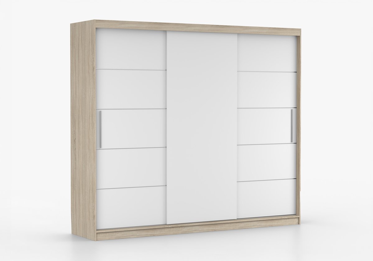 Schuifdeurkast ELBA II – 3-deurs kledingkast, legplanken en kledingroede – modern design – 250x218x61 cm - ELBA II (Sonoma + Wit)