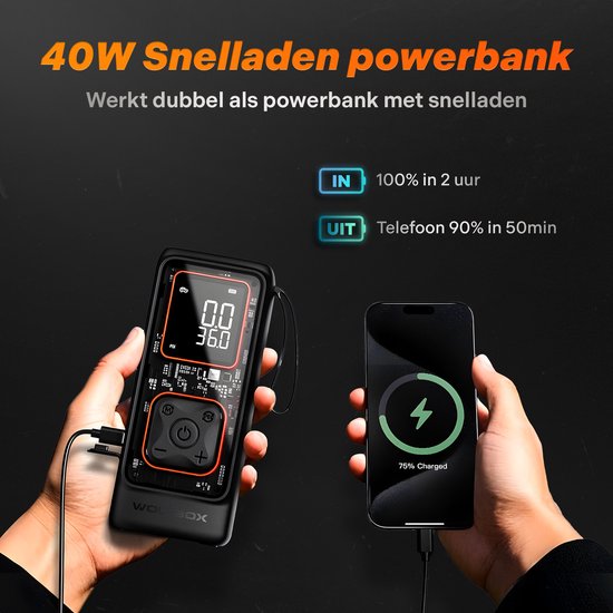 Wolfbox Elektrische Fietspomp - Luchtcompressor - voor Fiets, Scooter, Motor en Auto - Elektrische Bandenpomp - Oplaadbaar & Draagbaar - Bandenpomp - Compressor - Autobanden Pomp - Incl. Opbergzakje en Powerbankfunctie - PRO — afbeelding 3