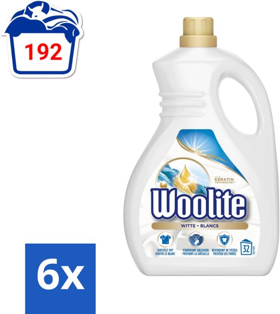 Woolite White - Vloeibaar Wasmiddel - Met Keratine - Witte Was - 32 Wasbeurten - 1,9L - Voordeelverpakking - 6 stuks