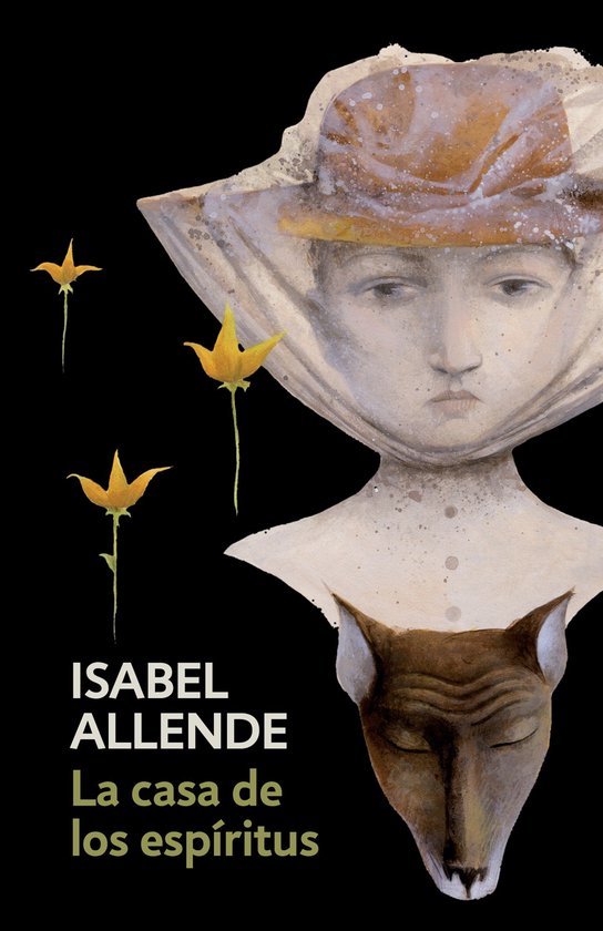 Livre "La casa de los espíritus" par Isabel Allende, avec une illustration d'une femme coiffée et d'un chien.