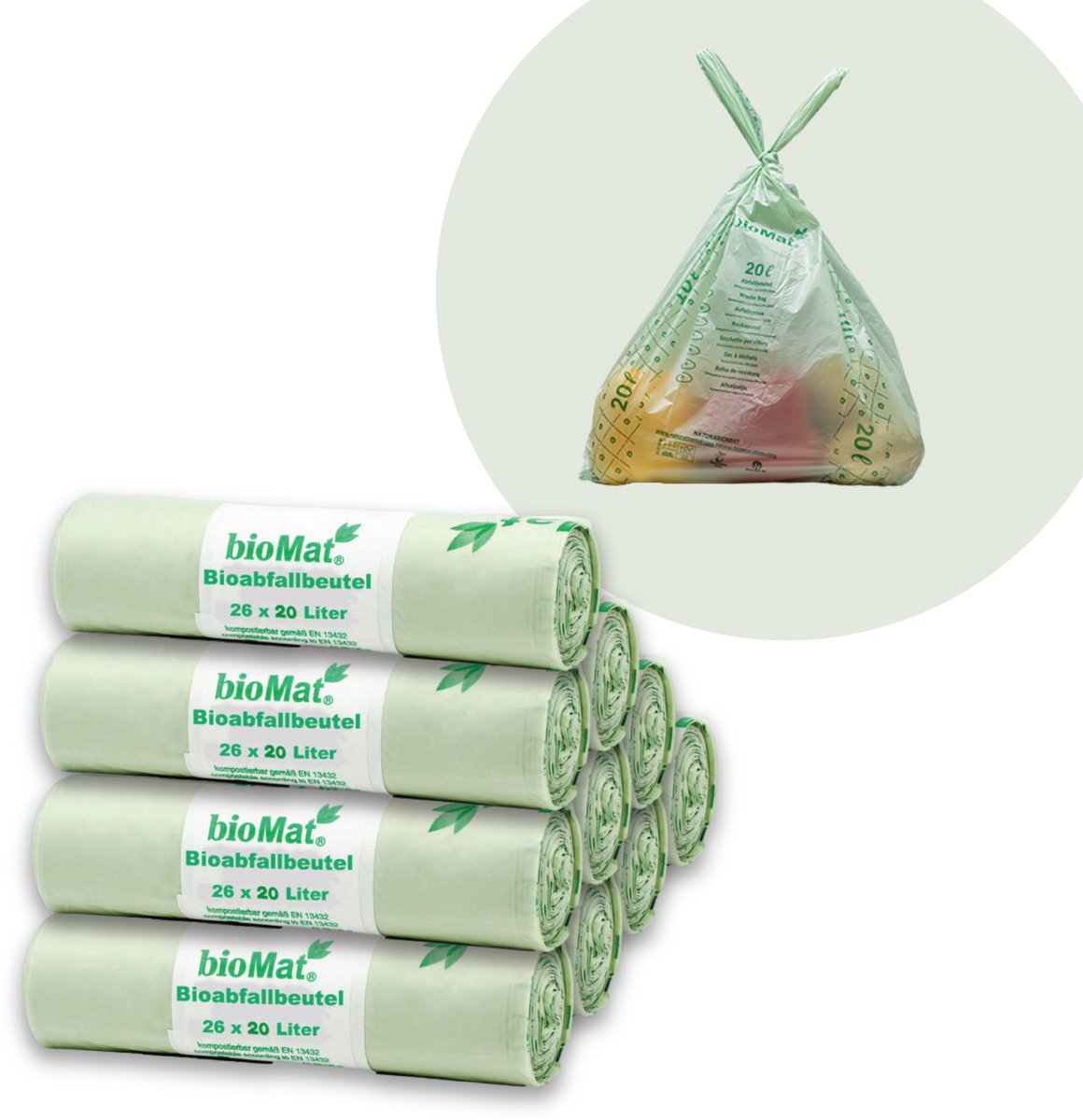 BioMat Composteerbare Vuilniszakken - 26 x 15 liter - EN 13432 Certified - OK Compost Home - Made in Germany