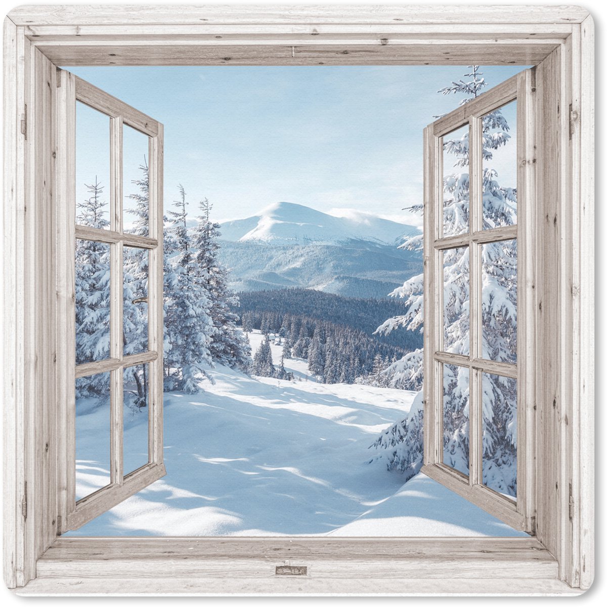 Muismat 20x20 cm - Mousepad Doorkijk - Winter - Landschap - Natuur - Berg - Bomen - Wit - Muismatten