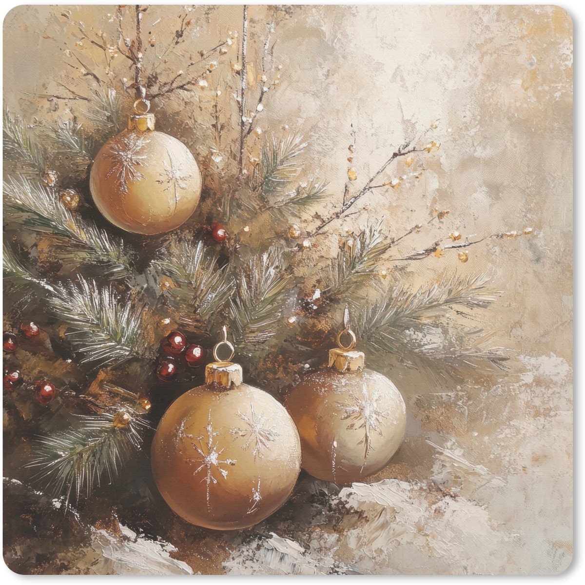Muismat 30x30 cm - Mousepad Kerst - Kerstballen - Beige - Goud - Muismatten
