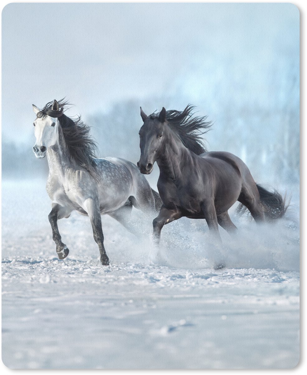 Muismat 19x23 cm - Mousepad Paarden - Winter - Dieren - Natuur - Sneeuw - Muismatten