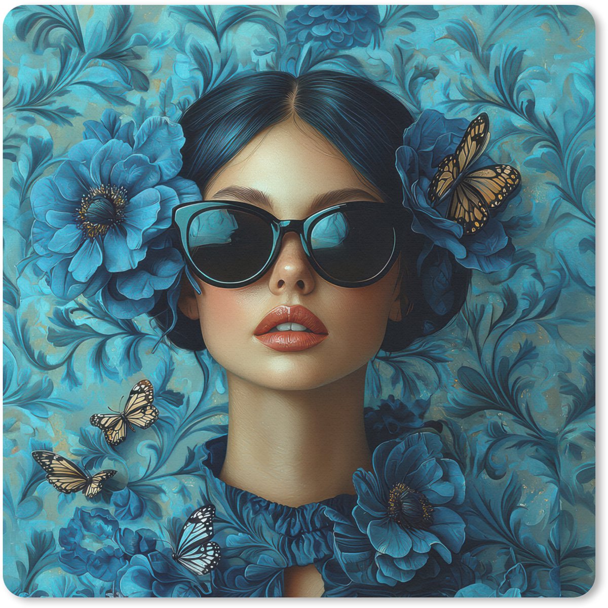 Muismat 20x20 cm - Mousepad Vrouw - Bloemen - Vlinders - Blauw - Abstract - Muismatten