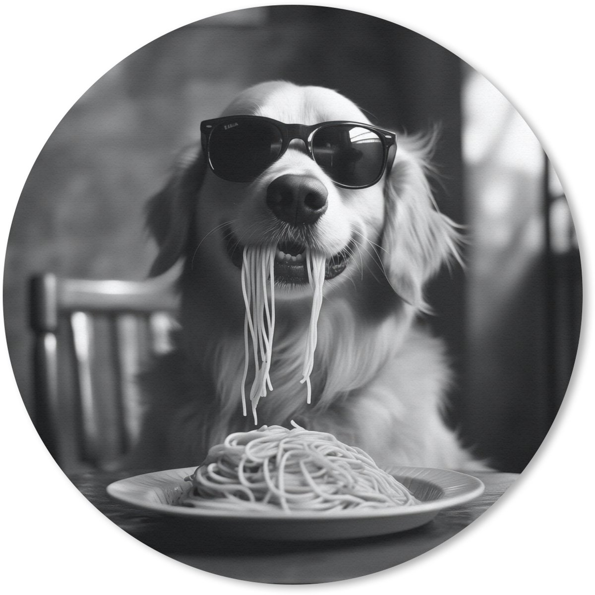 Muismat rond 20x20 cm - Mousepad Golden Retriever - Hond - Vrolijk - Bord spaghetti - Zwart - wit - Ronde muismatten