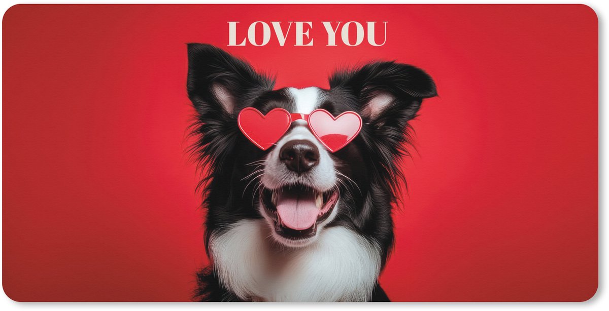 Muismat XXL 90x45 cm - Bureau onderlegger - Bureau mat Hond - Hartjesbril - Loveyou - Rood - Bureaumat - Gaming mousepad xl - Bureaulegger groot - Computer deskmat