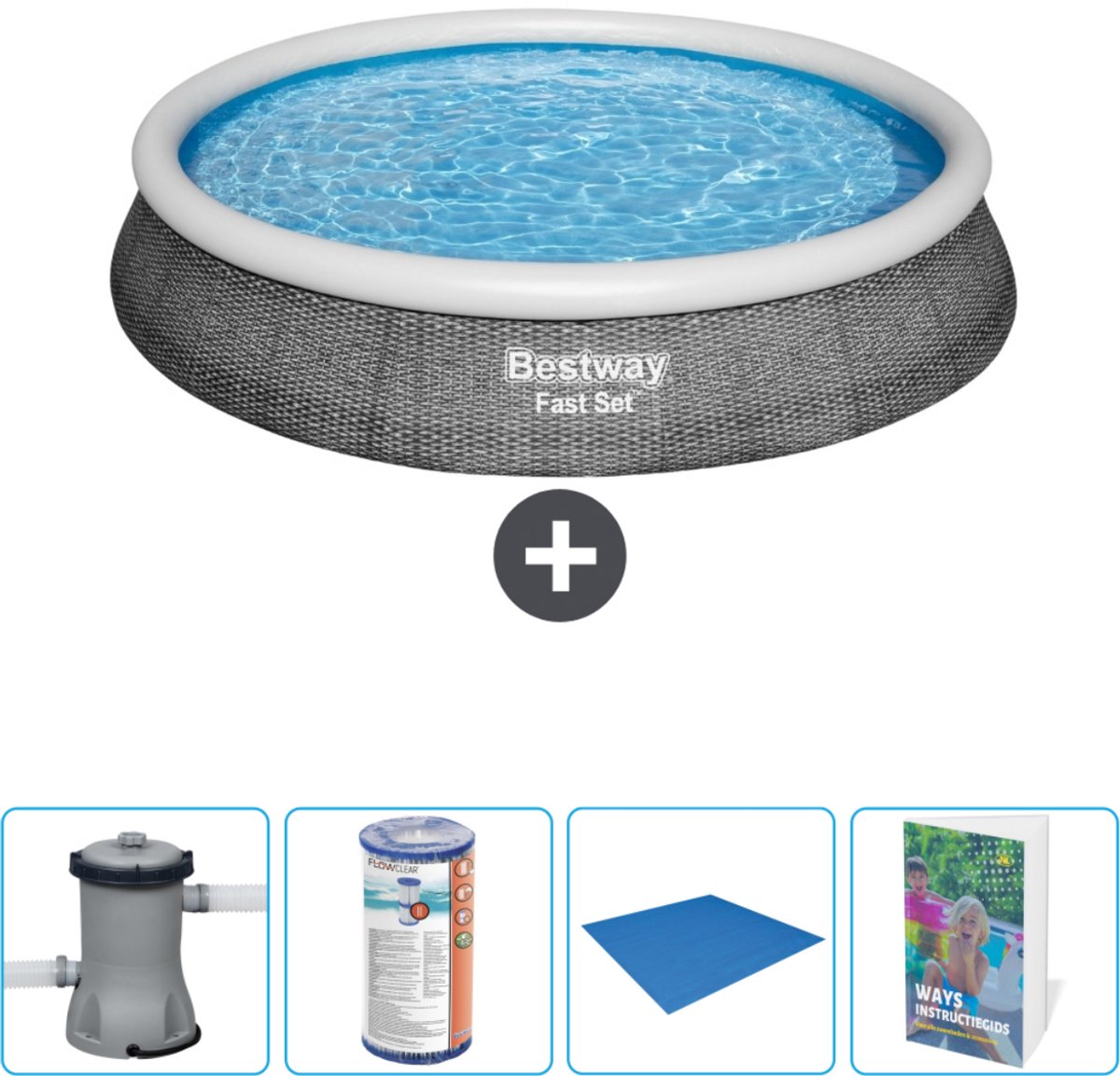 Bestway Rond Opblaasbaar Fast Set Zwembad – Rotanprint – 396 x 84 cm – Inclusief Pomp Filter – Grondzeil – Zwembadgids