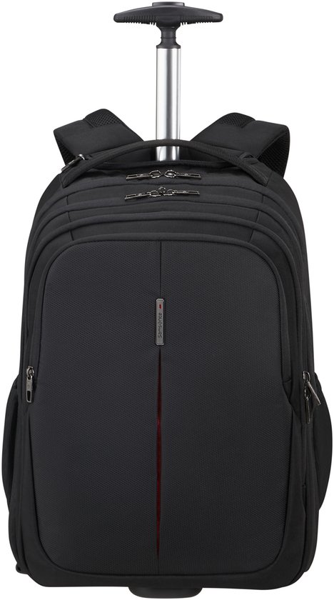 Zwarte Samsonite rugzak met wieltjes, een uittrekbare handgreep, gewatteerde schouderbanden en een rode verticale streep.