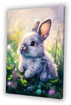 Schattig babykonijn in bloemenweide - Konijn canvas schilderijen - Canvas schilderij dieren - Digital Art - Moderne schilderijen - Canvas schilderij woonkamer - canvas 80x120 cm