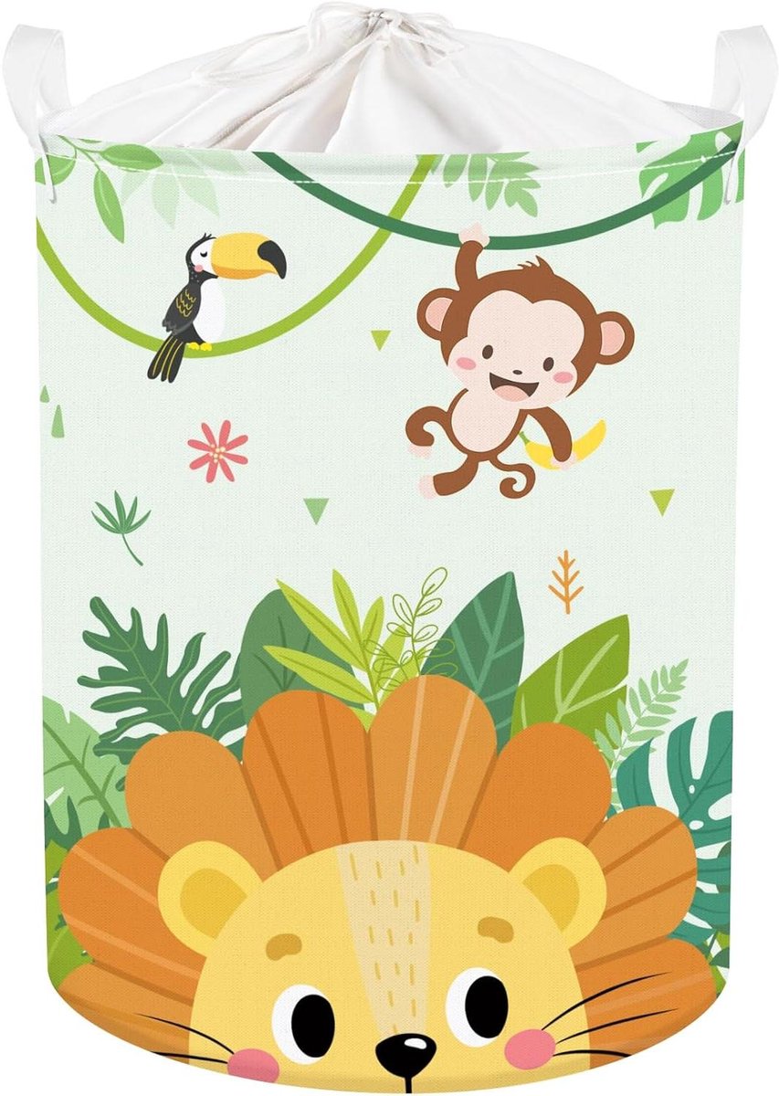 Grote Groene Jungle Leeuw Kid Wasmand - 45L, Opvouwbaar met Handvat, Aap Vogel Kleding Speelgoed Opbergmand met Deksel voor Nursery