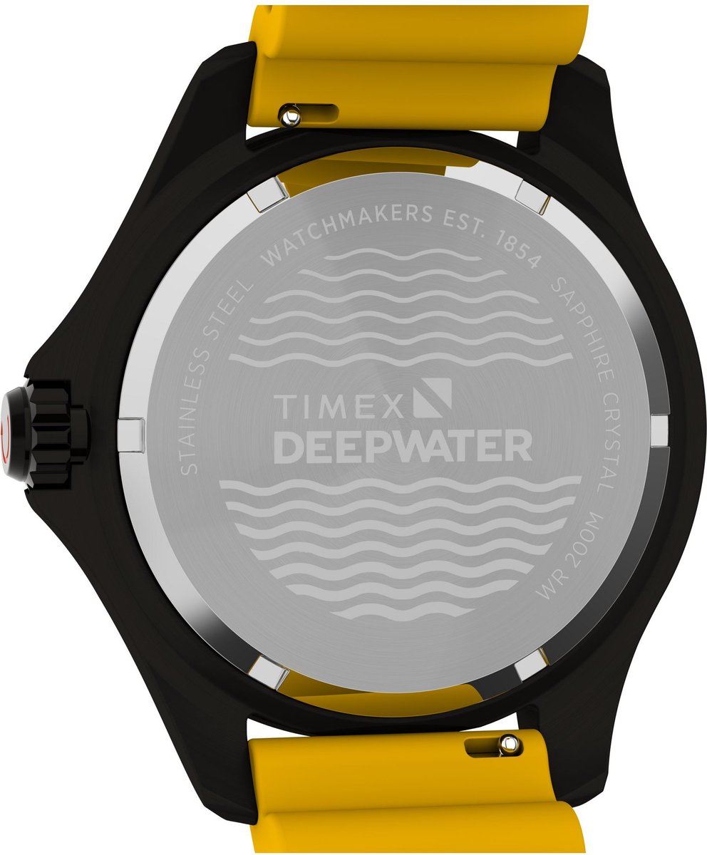 Timex Deep Water Meridian 200 Quartz Analoog Horloge Geel Kast: 100% Roestvrij Staal | Armband: 100%Synthetisch Rubber 44 TW2W81500AJ, TW2W81600AJ, TW2W81700AJ